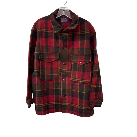 VINTAGE PENDLETON Mens Red Plaid Button Up Long Sleeve Shirt Size M Virgin wool - Picture 1 of 7